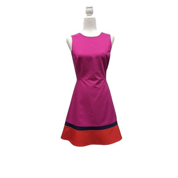 Badgley Mischka Retro Fuchsia Orange Stripe Hem A Line V Back Sleeveless Dress 2 - Picture 1 of 11